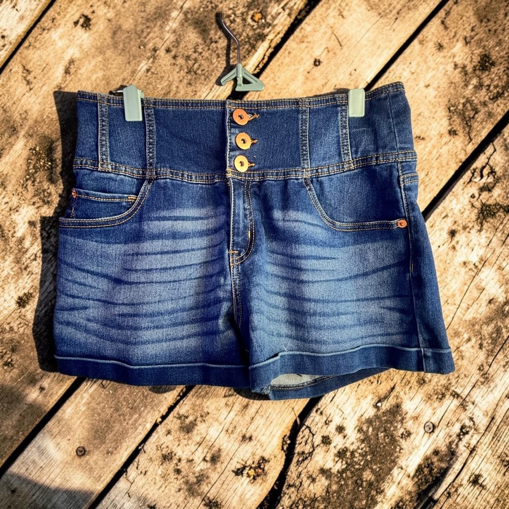 High Waist Denim Shorts No Boundaries 15 Blue Cotton Stretch Y2K Vibe Corset